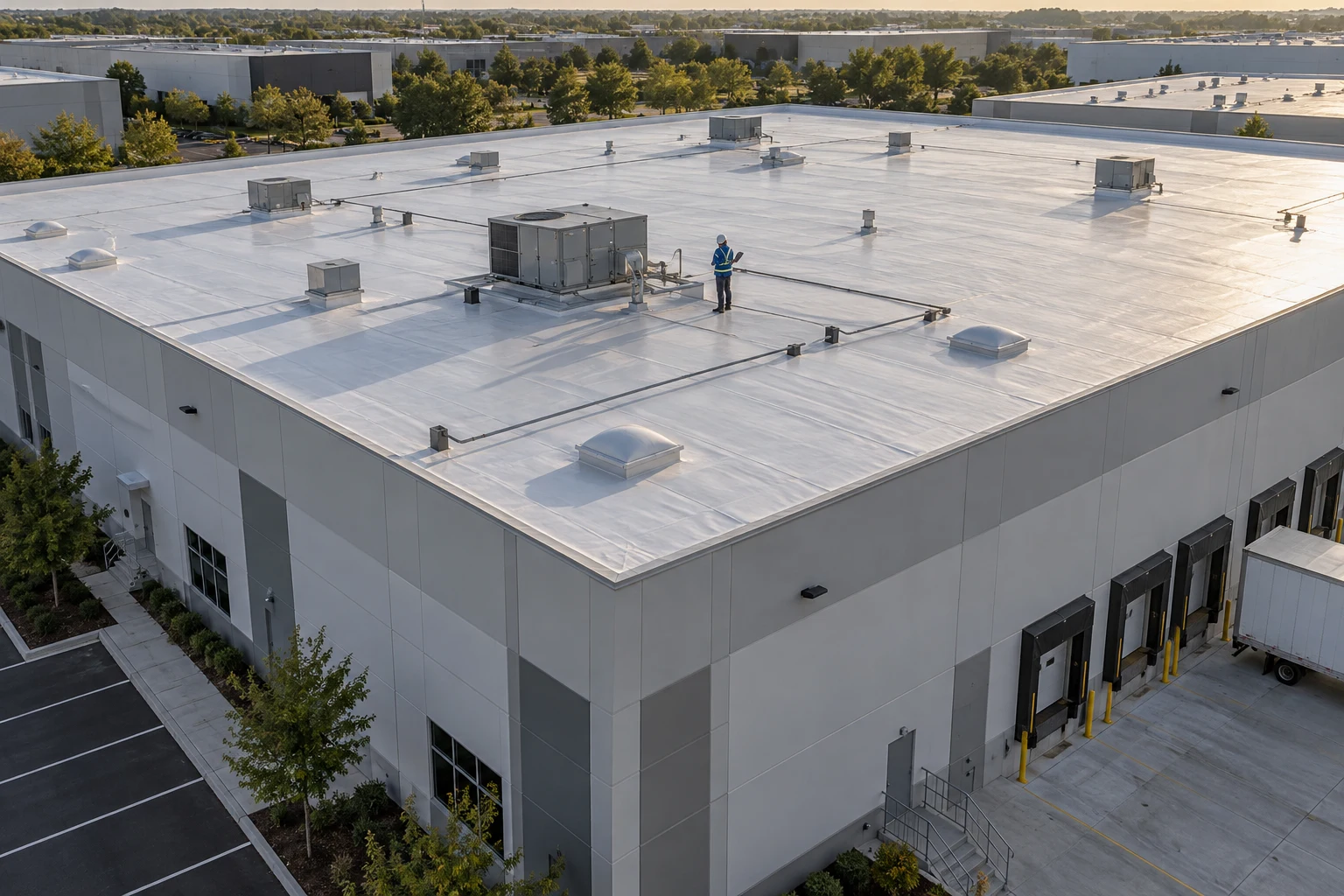 Broad commercial roof with rooftop equipment and a roofing professional
