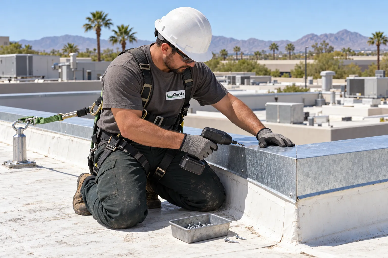 Roofer fastening edge metal at a roof corner while tied off