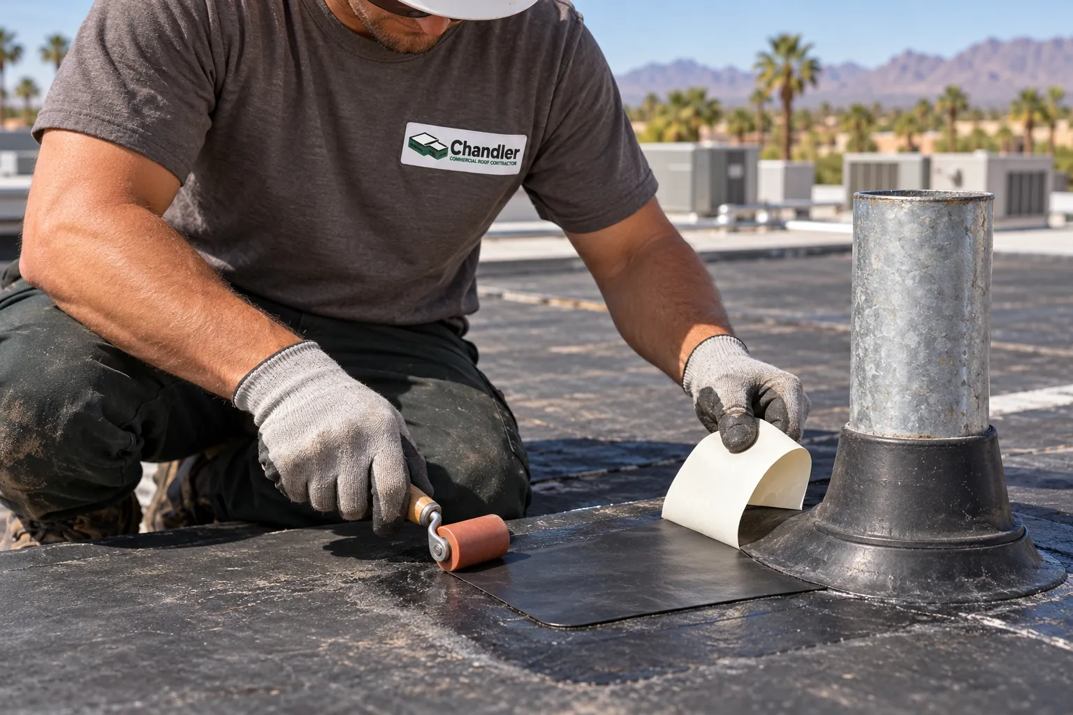 Roofer rolling a cover-tape patch around a pipe boot on an EPDM roof