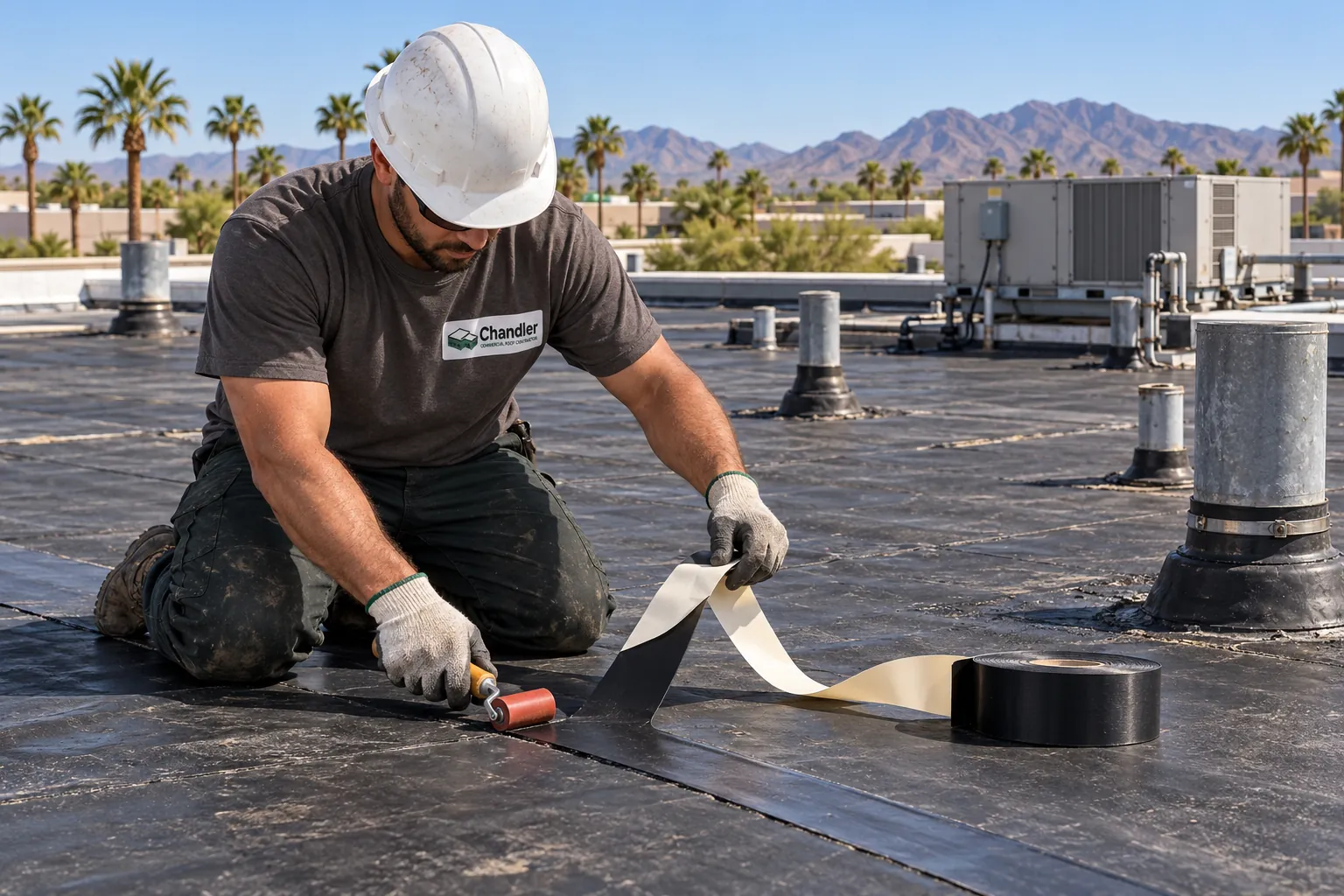 Roofer pressing seam tape on a black EPDM roof among pipe penetrations