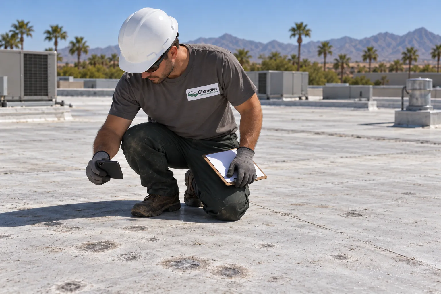 Roofer photographing hail bruises on a roof membrane with a clipboard in hand