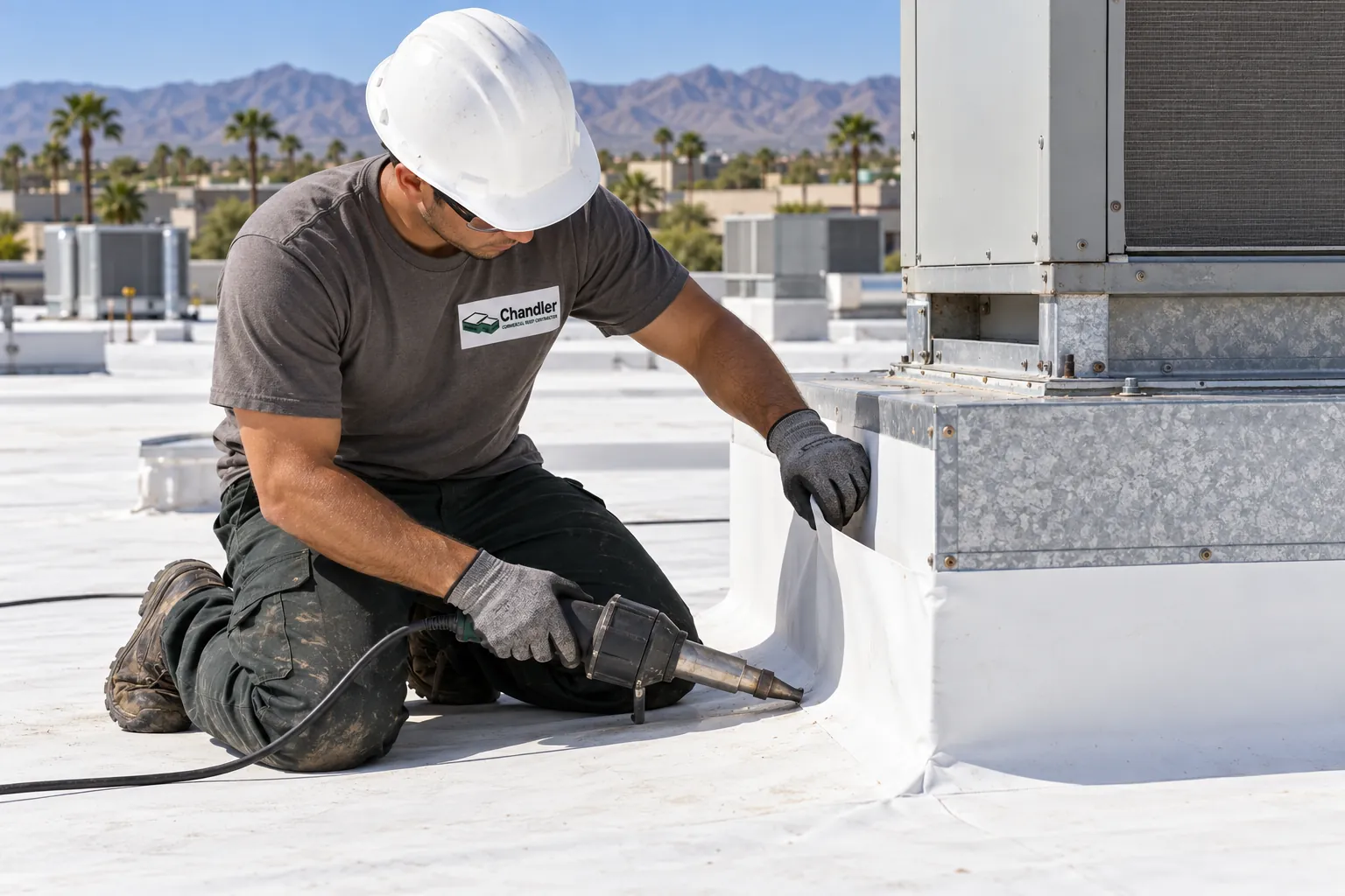 Roofer welding new membrane flashing around an added rooftop HVAC curb
