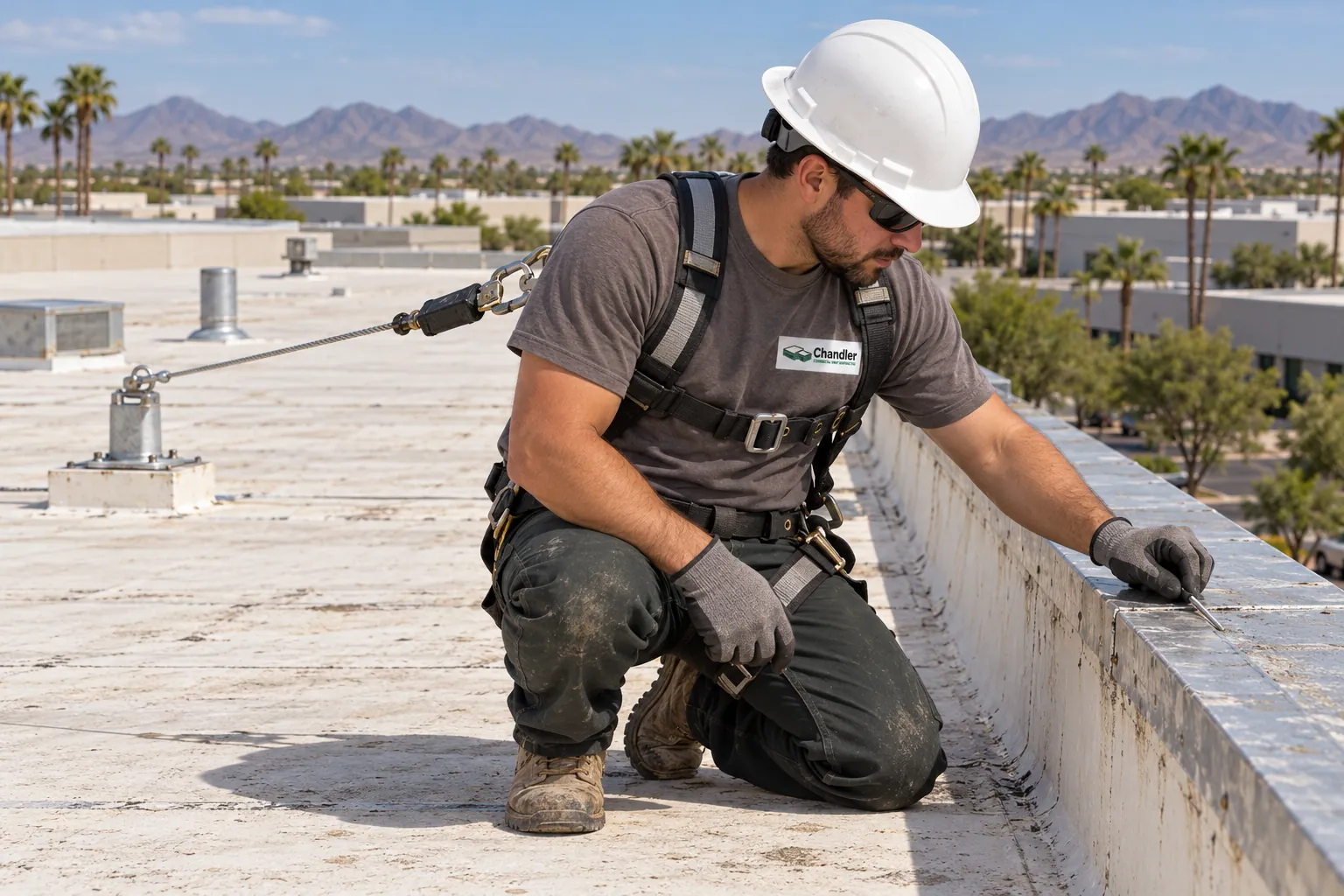 Roofer tied to a fall-protection lifeline checking edge metal on an industrial roof