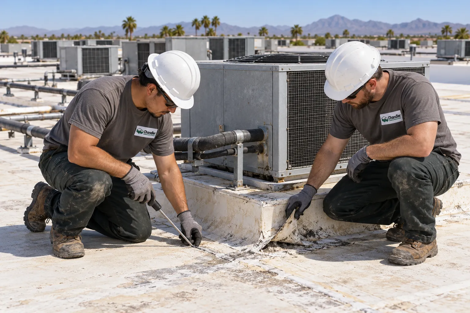 Two roofers checking membrane around rooftop refrigeration units on an industrial roof