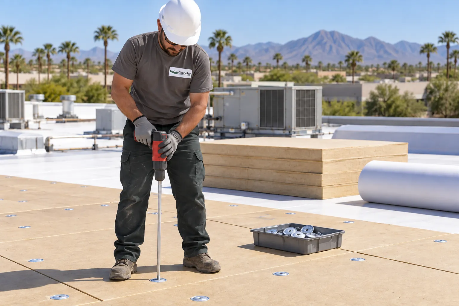 Roofer fastening insulation boards with plates on a large warehouse deck