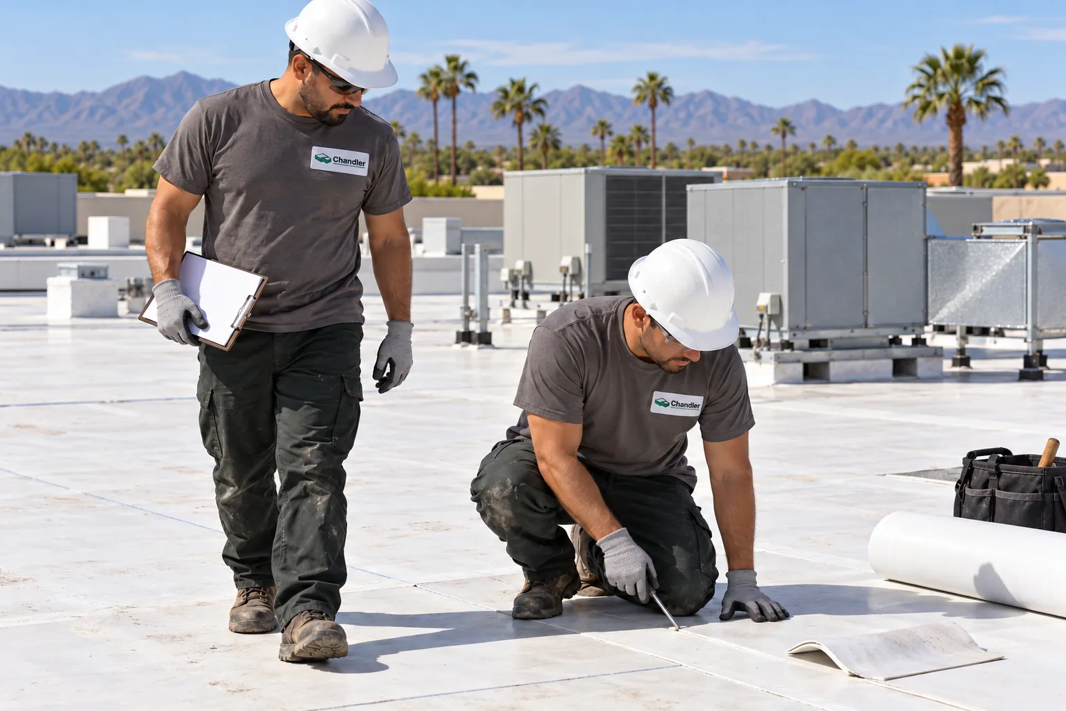 Two roofers walking a membrane roof with a clipboard, one checking a seam