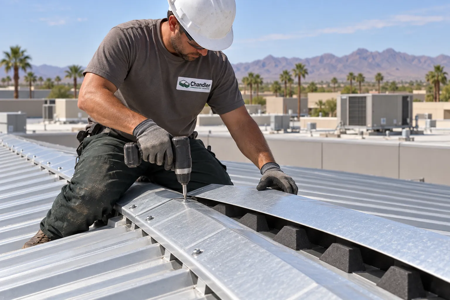 Roofer fastening a ridge cap over foam closures on a metal shop roof