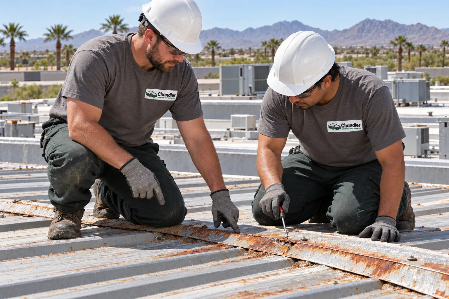 Two roofers checking rust at the panel laps of an older metal shop roof