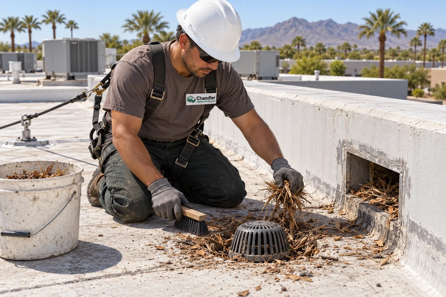 Roofer clearing palm debris from a roof drain and overflow scupper