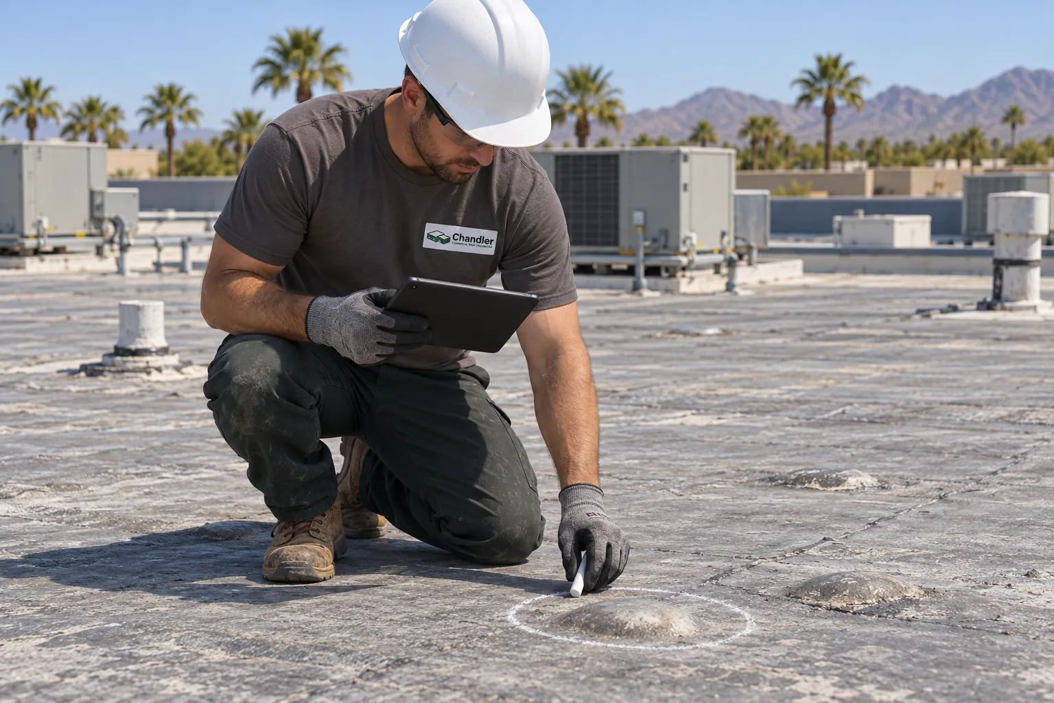 Roofer marking a blister on an older flat roof and photographing it with a tablet