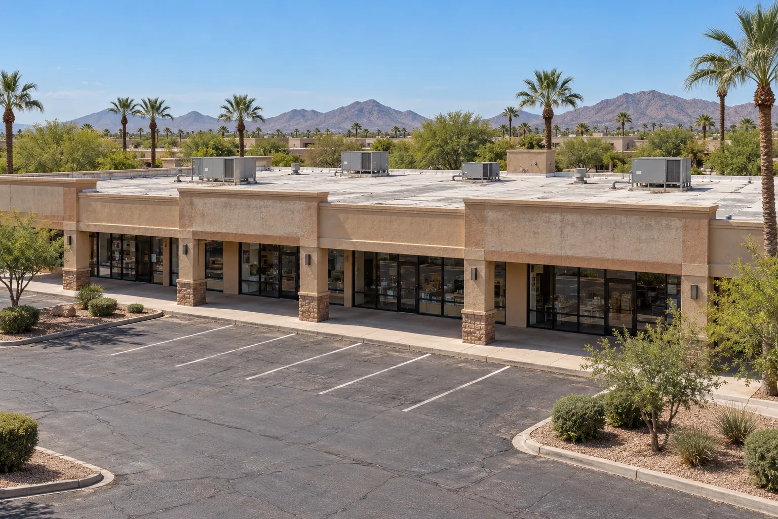 Shopping center with flat roofs and several rooftop units