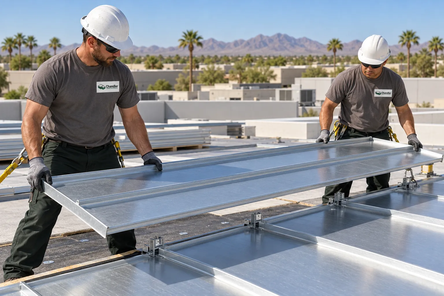 Crew setting standing-seam metal panels on a low-slope commercial roof