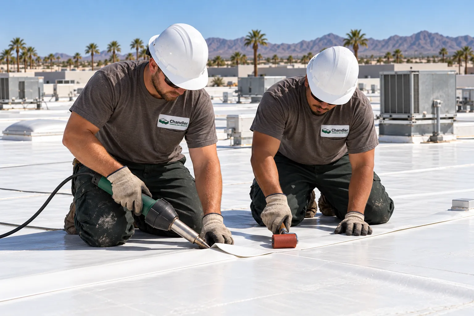 Two roofers heat-welding a TPO seam on a large warehouse roof