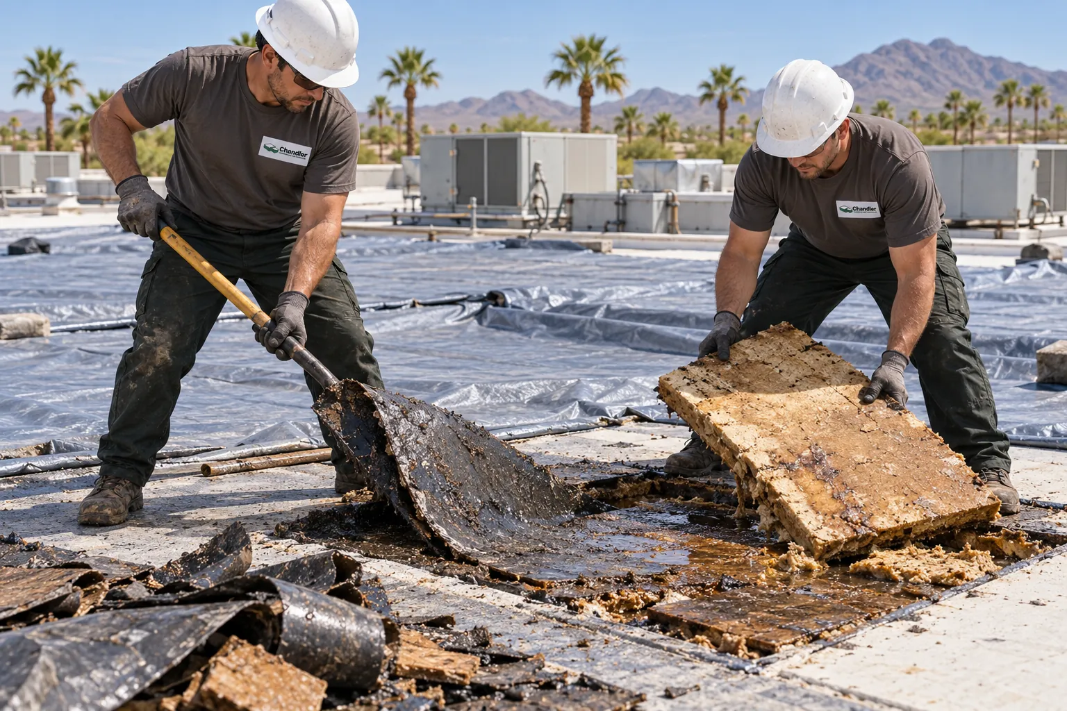 Roofers removing a wet section of old roofing and insulation while the rest stays covered